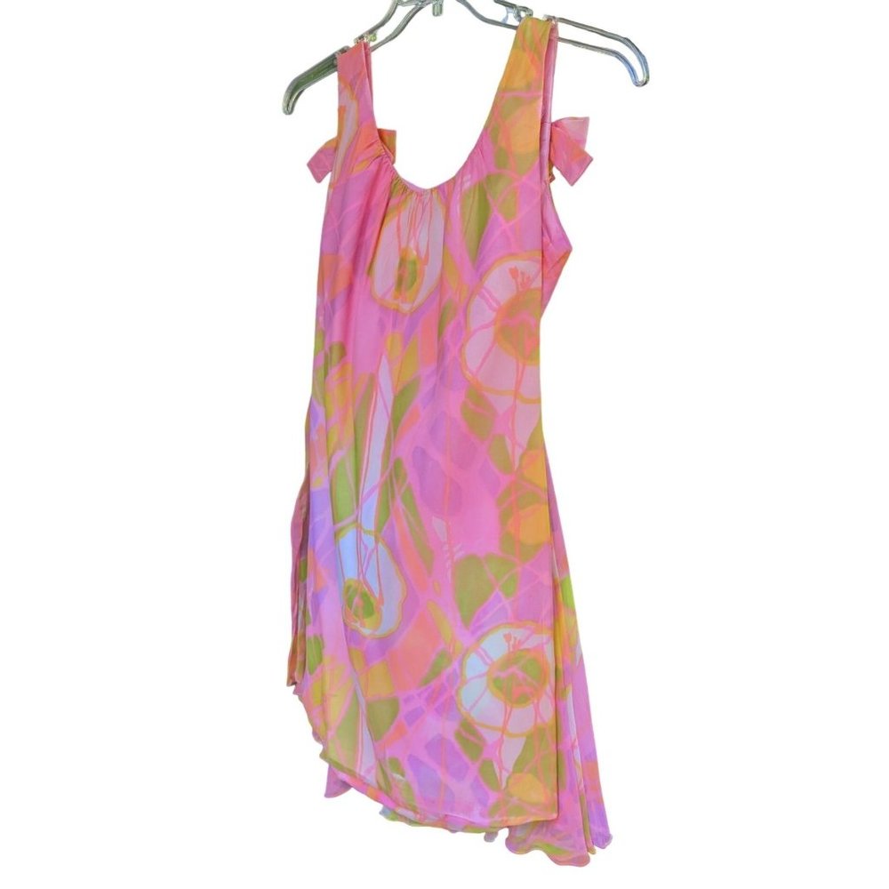 Dress 1960-75 Go Go Union Made Pink Green Psychedelic Bows Flowy